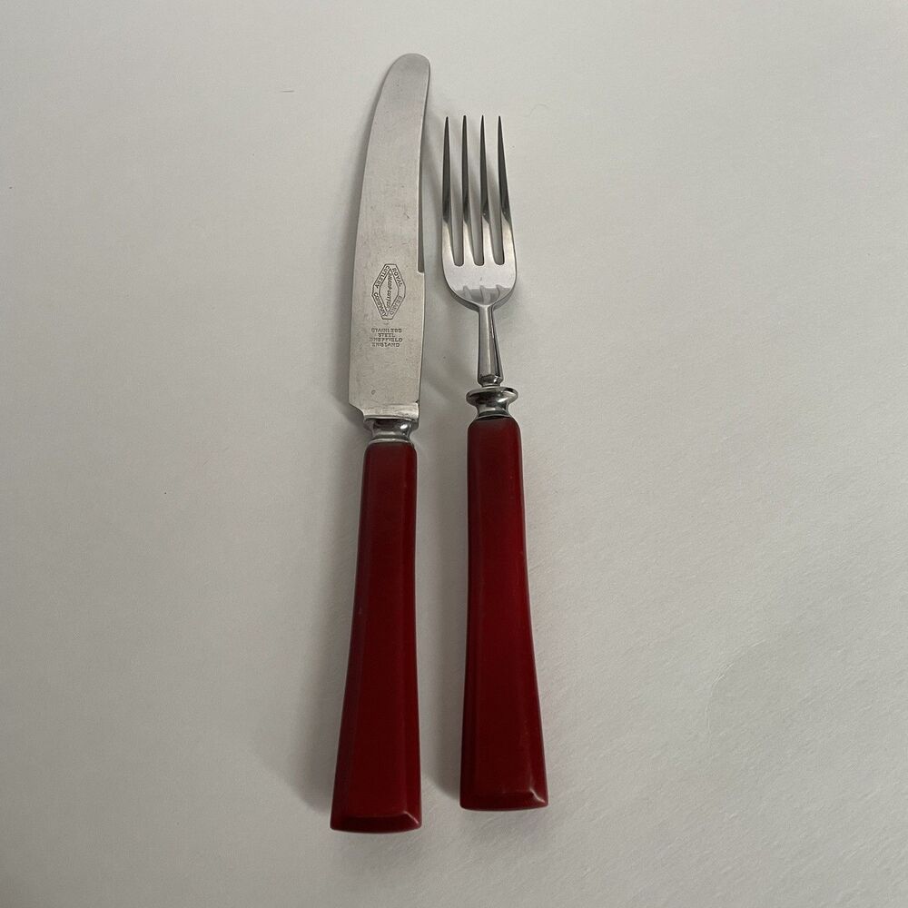 Vintage Royal Brand Sharp Cutter Red Bakelite Silverware 2 Piece Set Knife Fork